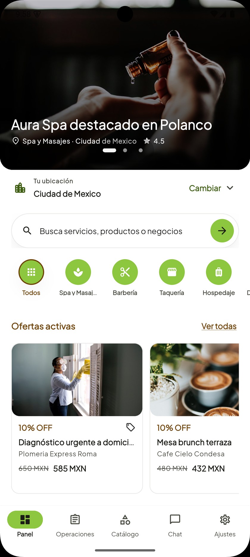Captura real de Conecta con ubicación en Ciudad de México, búsqueda, categorías y ofertas activas